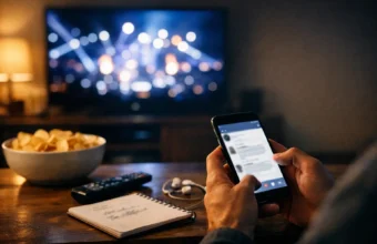 Person holding a phone while a halftime show plays on a blurry TV in the background.