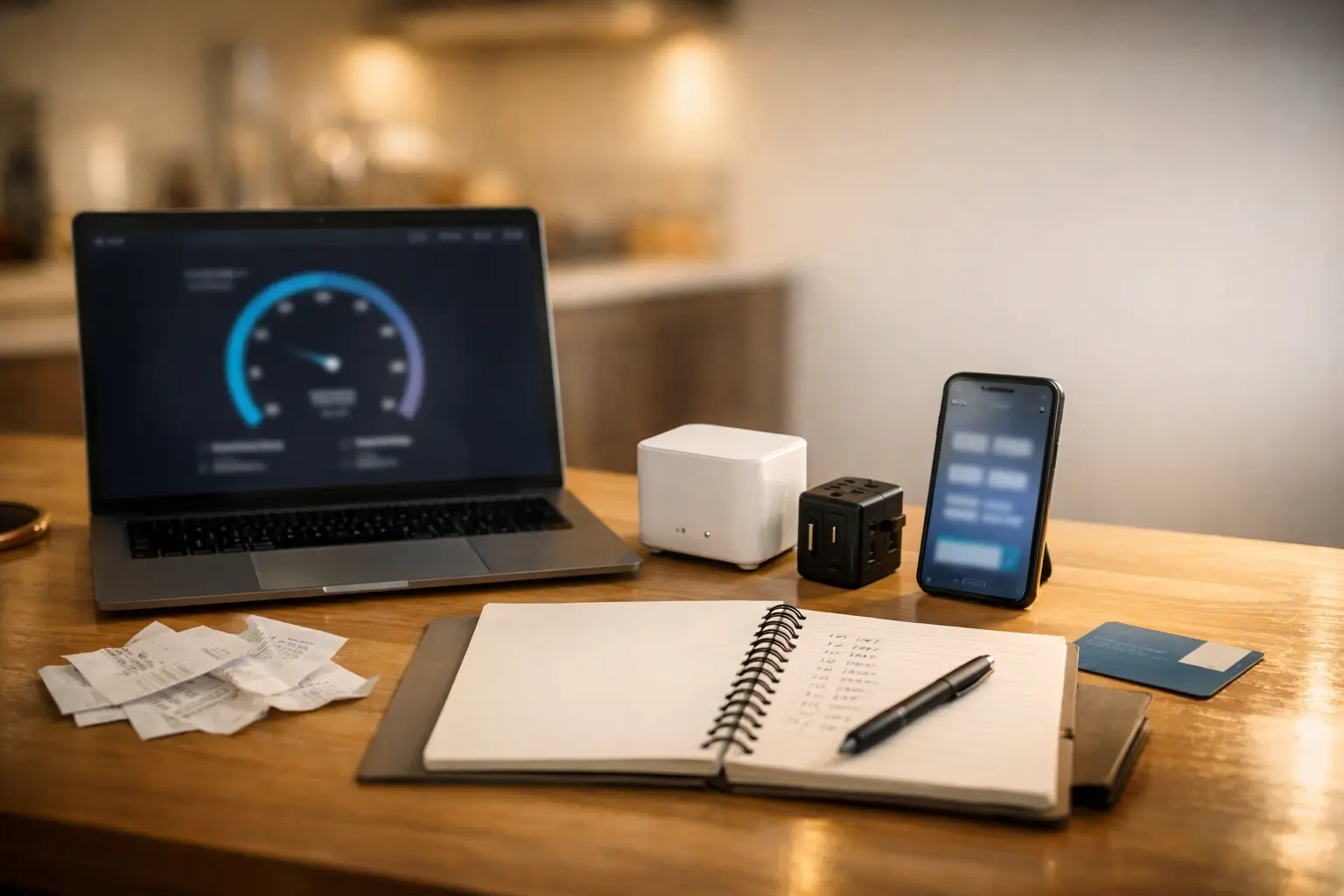 Remote worker tests apartment WiFi with a laptop and phone.