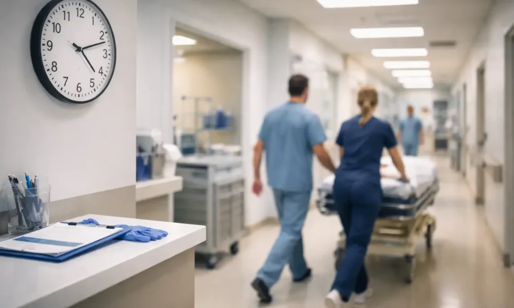 Doctors rushing through a hospital ER hallway under a wall clock