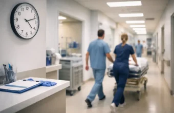 Doctors rushing through a hospital ER hallway under a wall clock