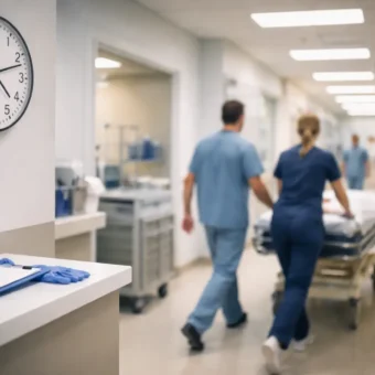 Doctors rushing through a hospital ER hallway under a wall clock