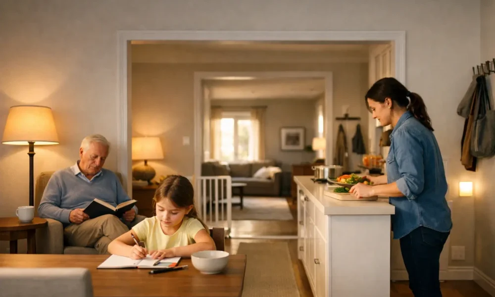 Three generations sharing a home with clear zones and safe walkways