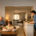 Three generations sharing a home with clear zones and safe walkways