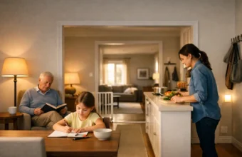 Three generations sharing a home with clear zones and safe walkways