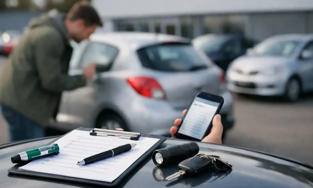 First-time buyer checks a used car with a checklist in the UK