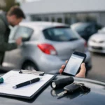 First-time buyer checks a used car with a checklist in the UK