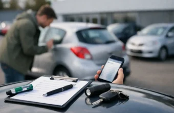 First-time buyer checks a used car with a checklist in the UK