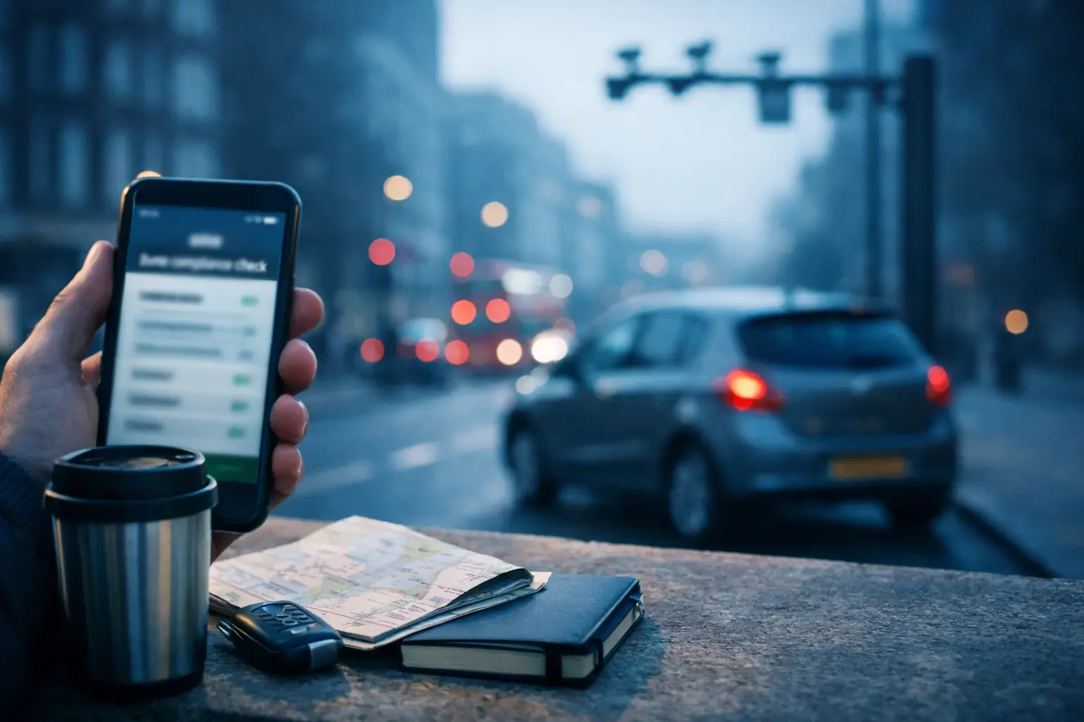 Driver checks zone rules on a phone on a London-style street