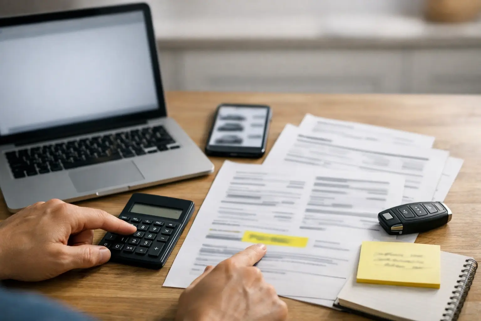 Buyer compares used car prices on a laptop and phone at home