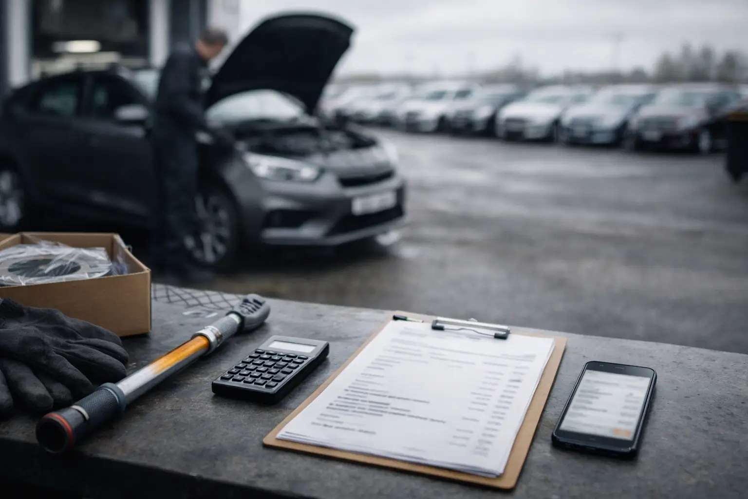 Mechanic tools and a used car lot showing higher repair costs in 2026