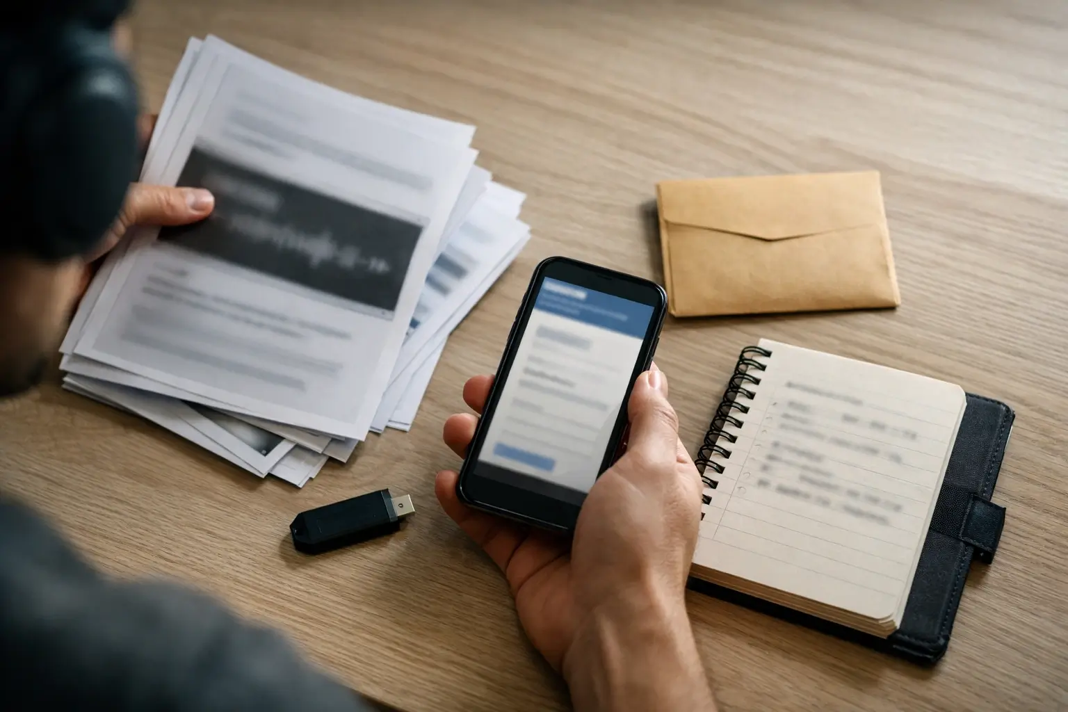 Hands saving proof of a fake audio clip without sharing it