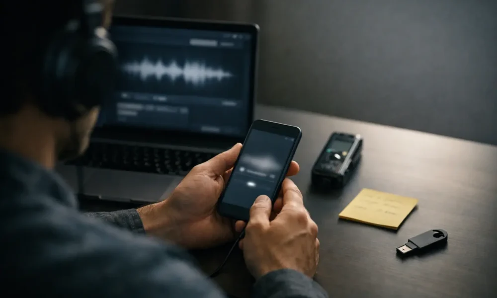 Person listens to a suspicious voice clip on a phone at a desk