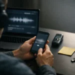 Person listens to a suspicious voice clip on a phone at a desk