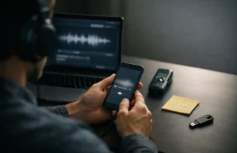 Person listens to a suspicious voice clip on a phone at a desk