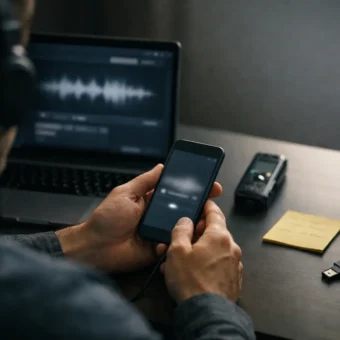 Person listens to a suspicious voice clip on a phone at a desk