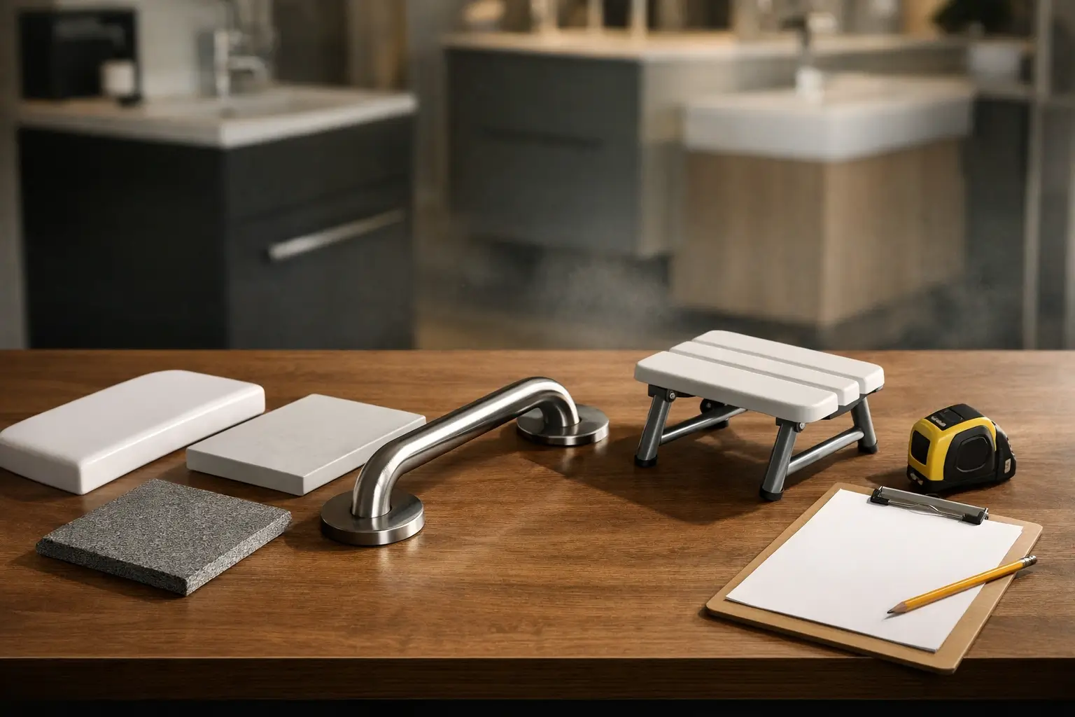 Bathroom remodel choices shown with shower and bath samples on a desk