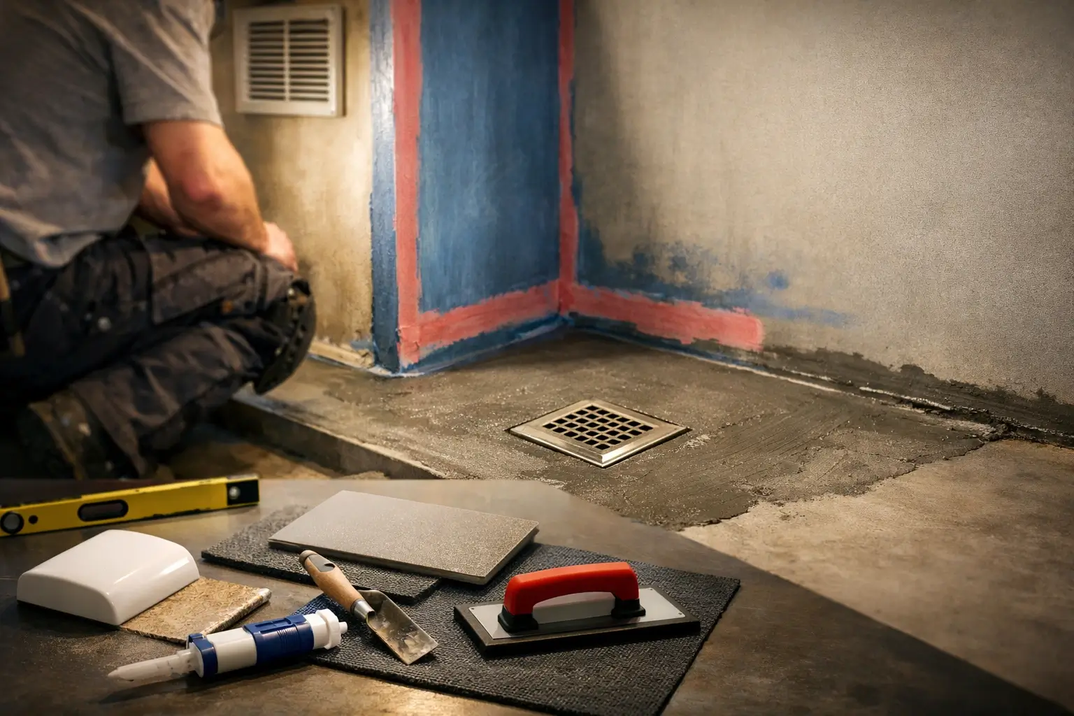 Installer working on shower waterproofing and floor drain setup