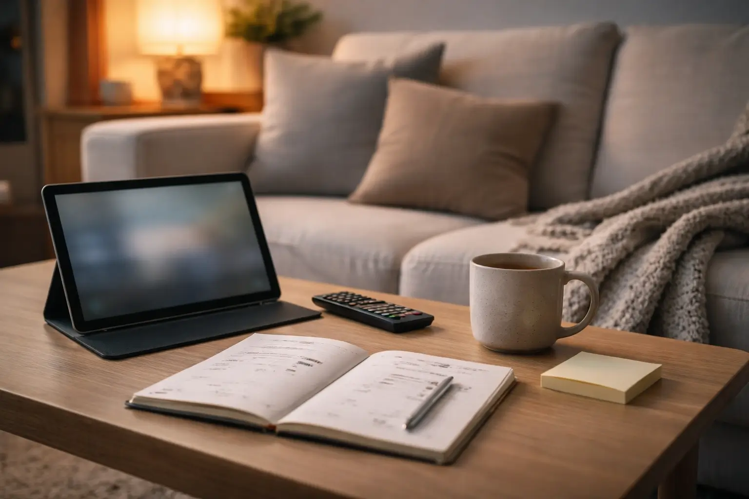 A calm couch setup with a remote and a blurred streaming screen