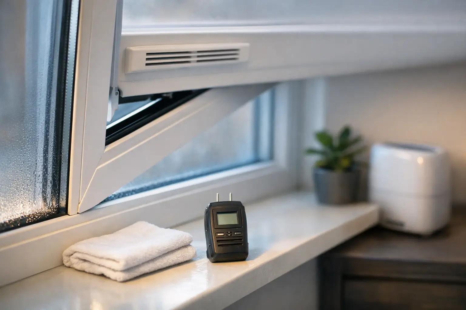 Bedroom window vent with a moisture meter on the sill