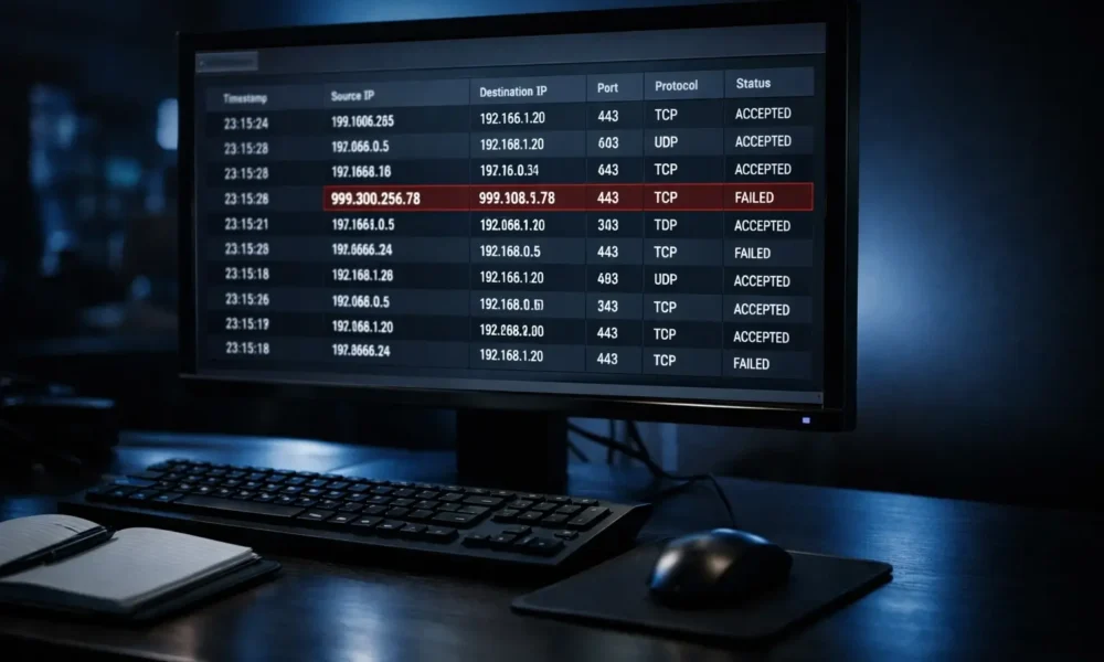 Computer screen showing a suspicious invalid IP address in a network log