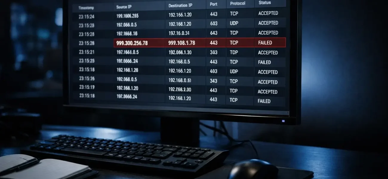 Computer screen showing a suspicious invalid IP address in a network log