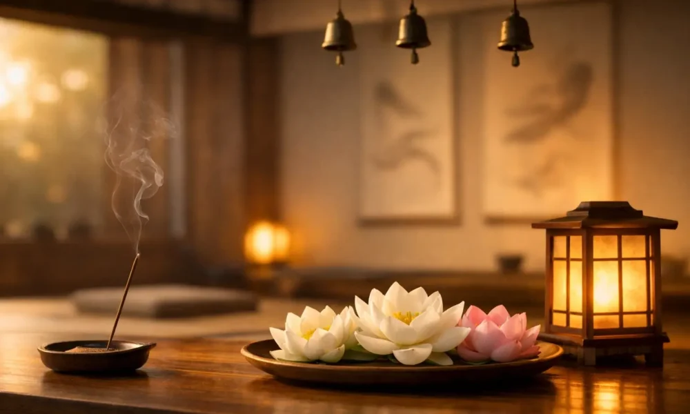Calm spiritual room with lotus flowers and warm light