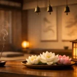 Calm spiritual room with lotus flowers and warm light