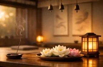 Calm spiritual room with lotus flowers and warm light
