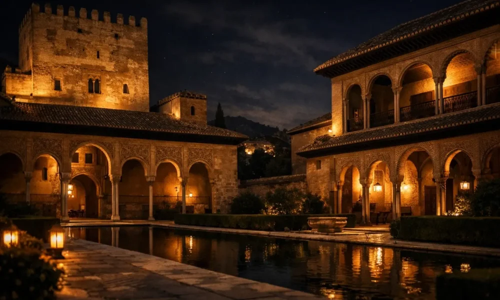 Alhambra Palace lit up at night in Granada