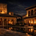 Alhambra Palace lit up at night in Granada