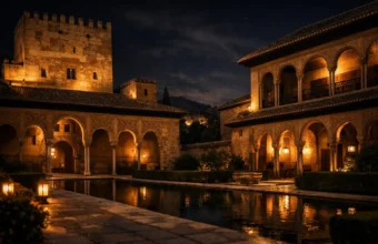 Alhambra Palace lit up at night in Granada