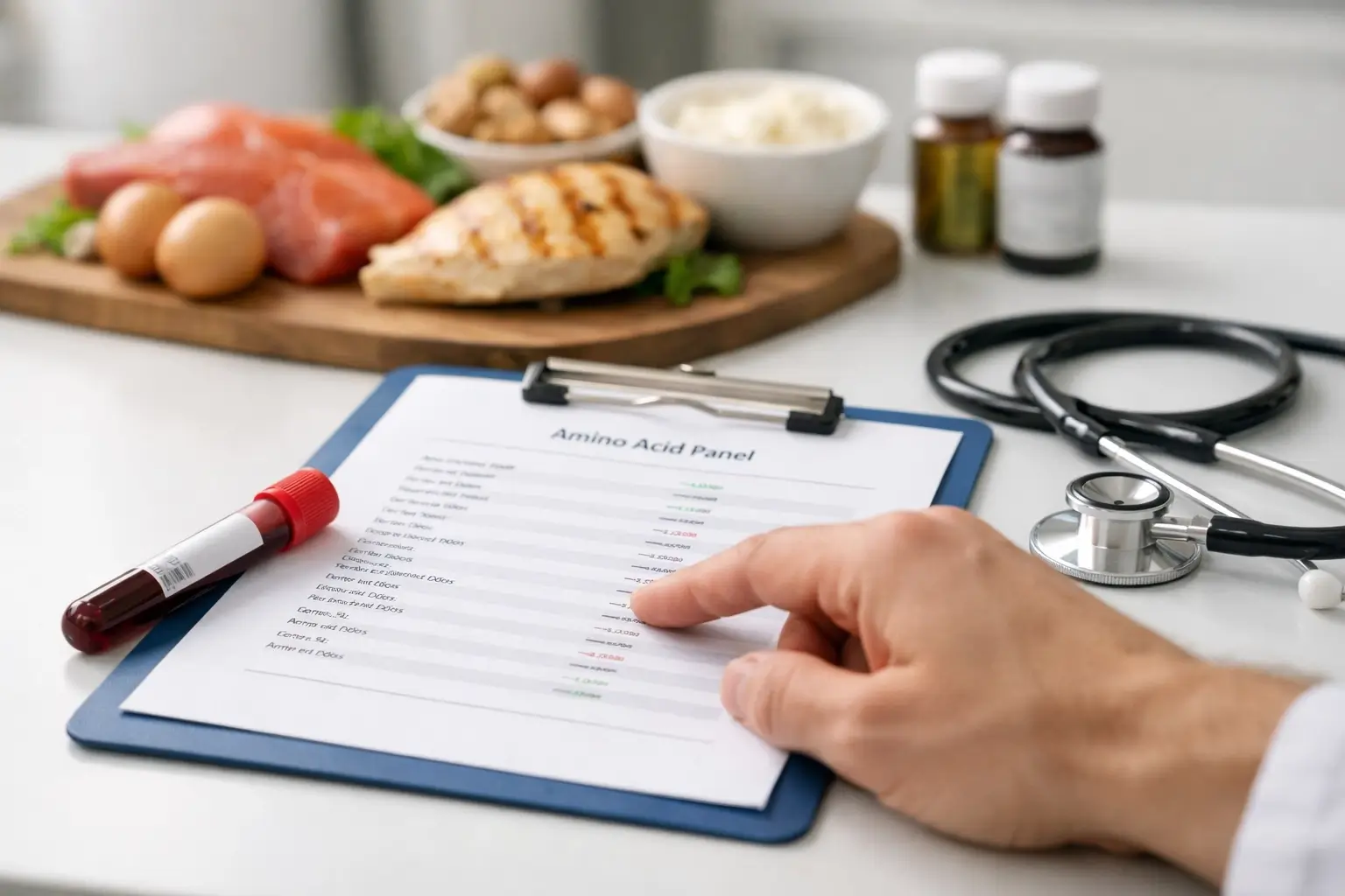 Doctor desk with blood test items for amino acid check