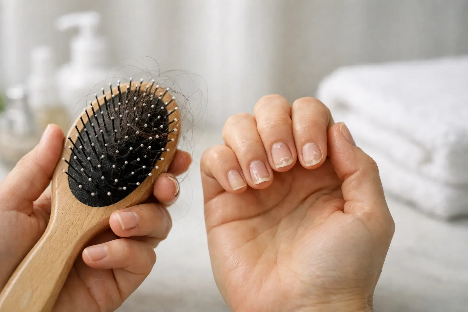 Hairbrush with loose hair and brittle nails close-up