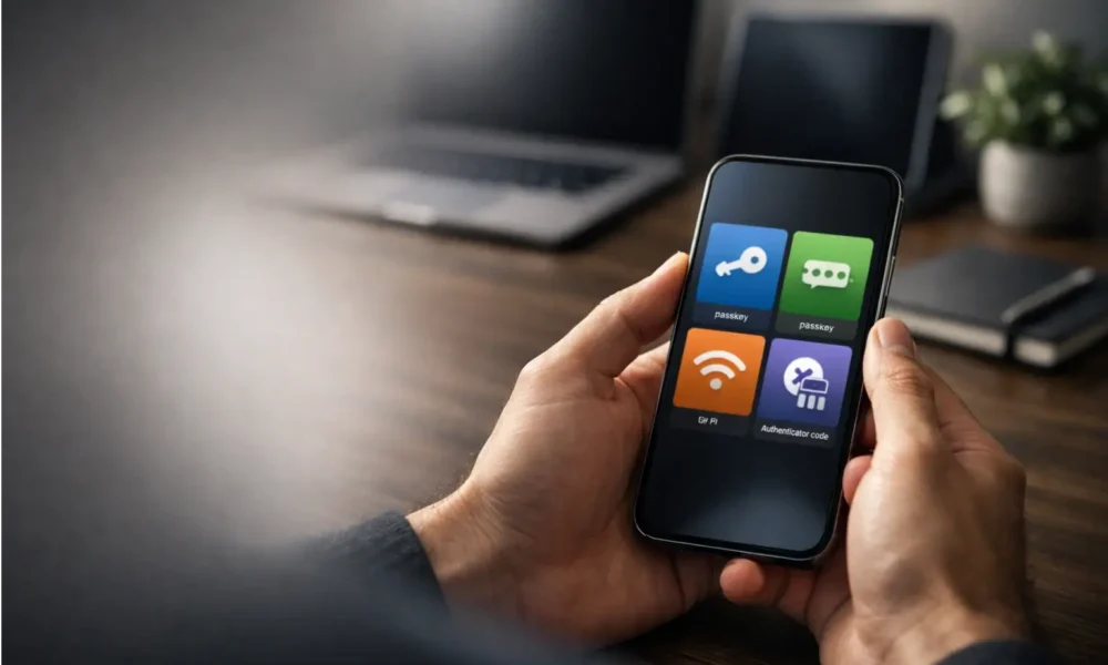 Hands holding a phone with a password manager open
