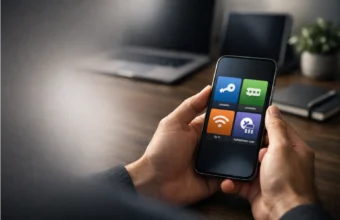 Hands holding a phone with a password manager open