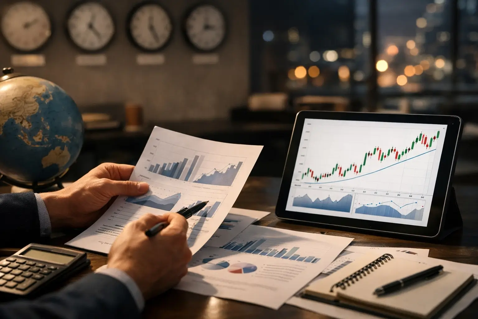 Hands reviewing market reports for Asian investments