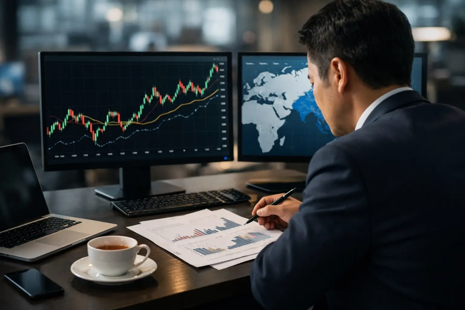 Investor reviewing Asian market charts in real time