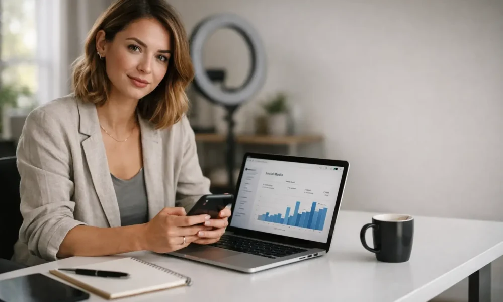 Young digital creator checking social media growth