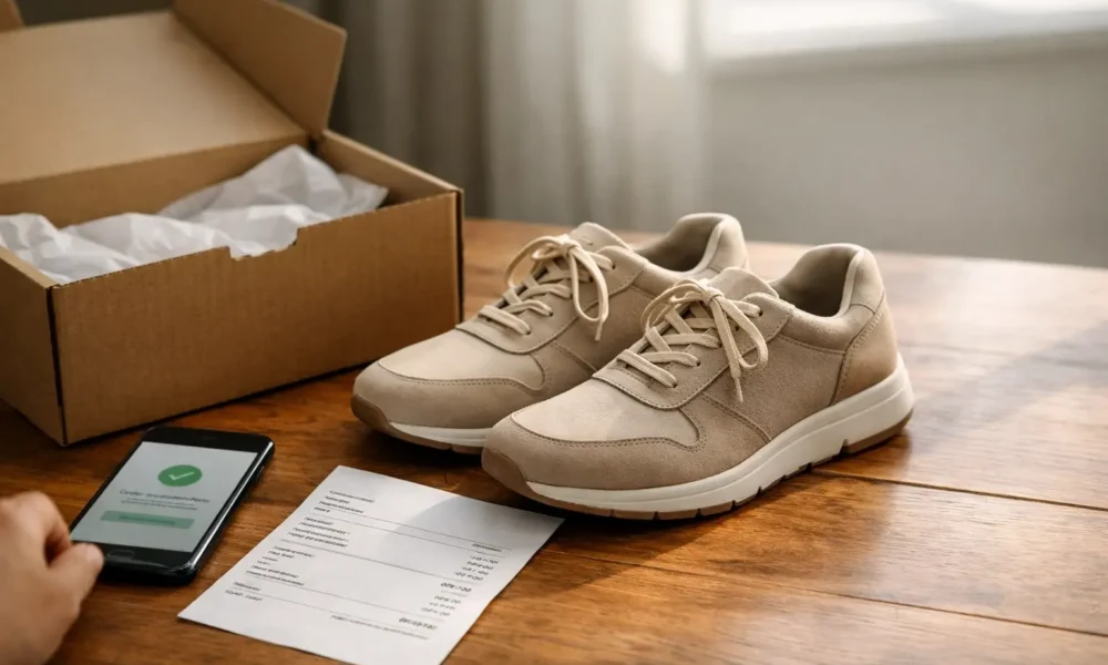 Shoes in a box with a receipt on a table