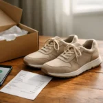 Shoes in a box with a receipt on a table