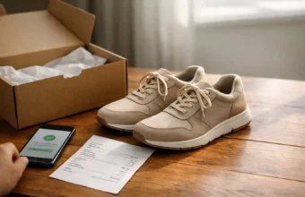 Shoes in a box with a receipt on a table