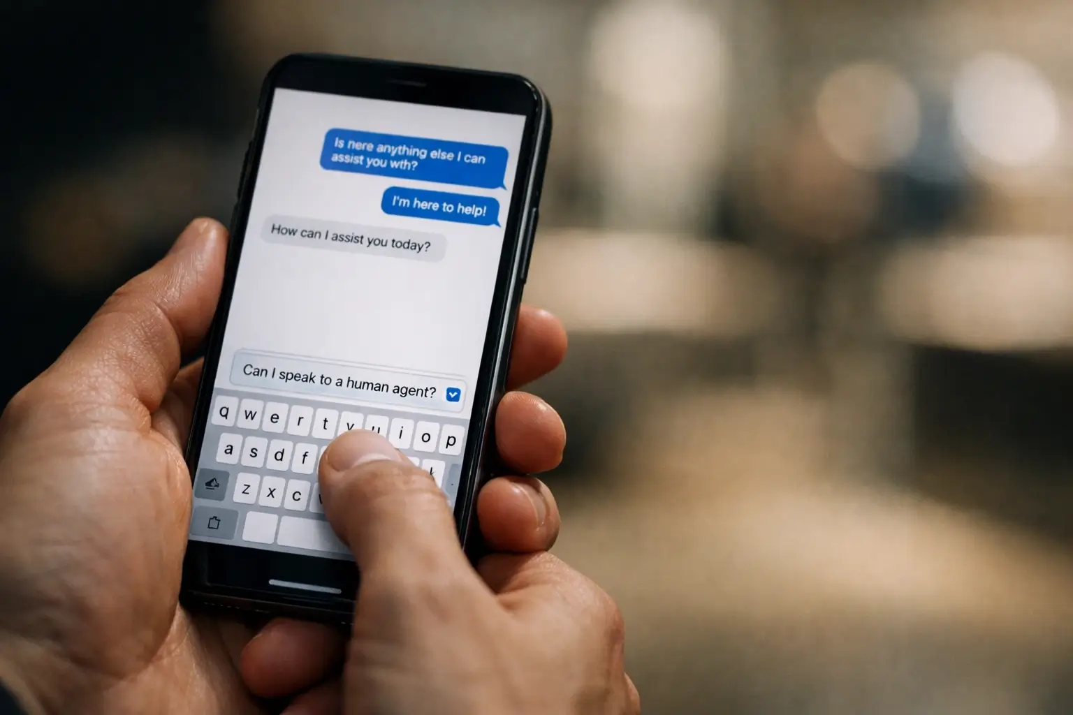 Hand using mobile live chat to ask for a human agent