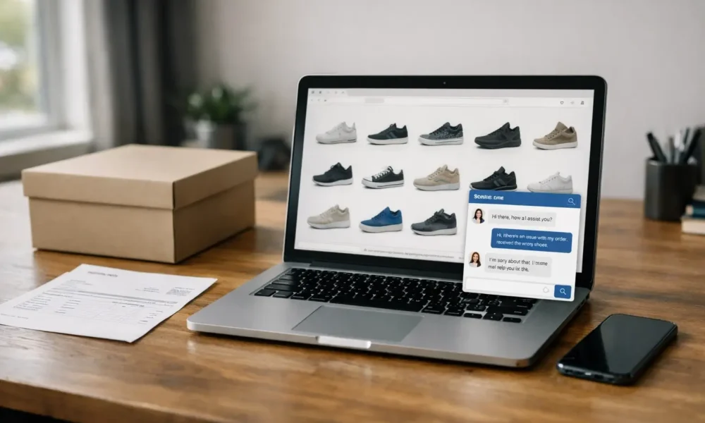 Laptop open with live chat support for a shoe order issue