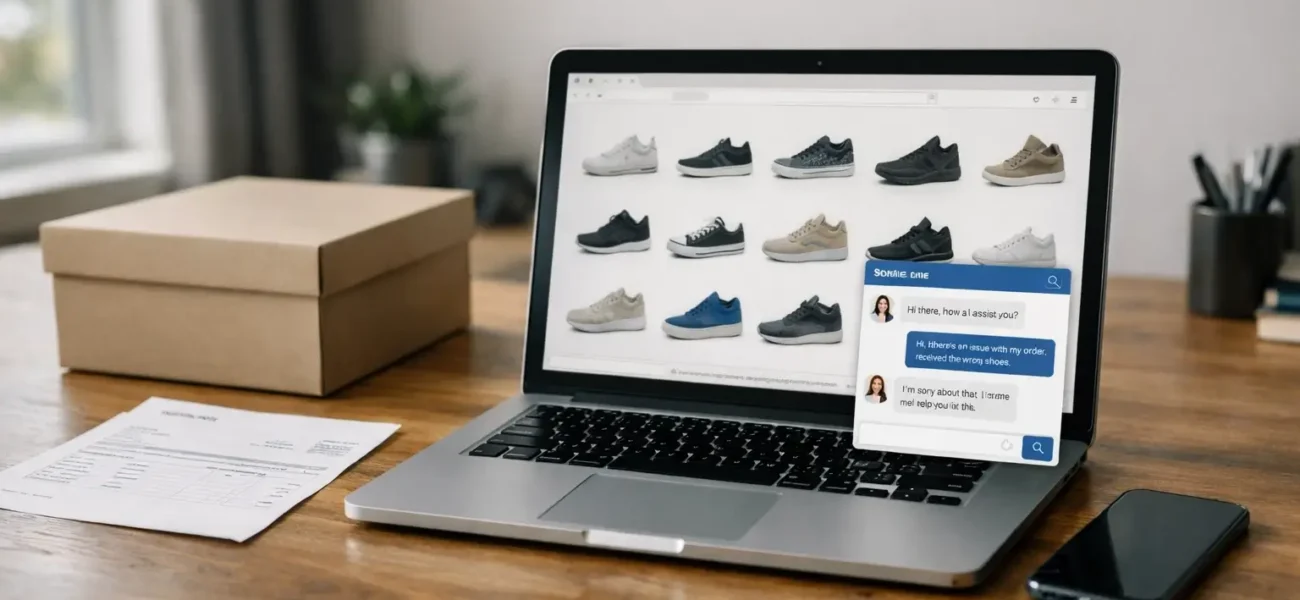 Laptop open with live chat support for a shoe order issue