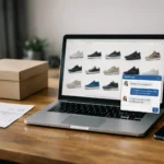Laptop open with live chat support for a shoe order issue