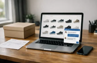 Laptop open with live chat support for a shoe order issue