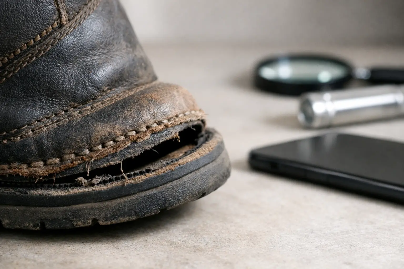 Damaged shoe showing stitching and sole separation