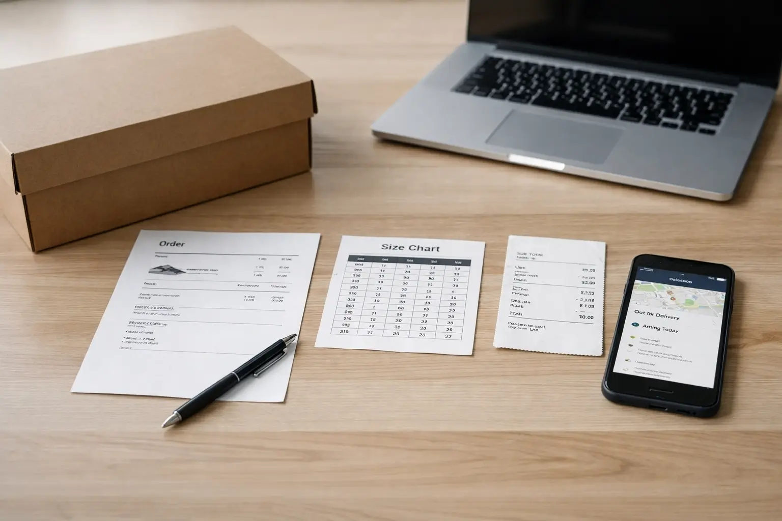 Shoe order notes, phone, and laptop prepared for customer support