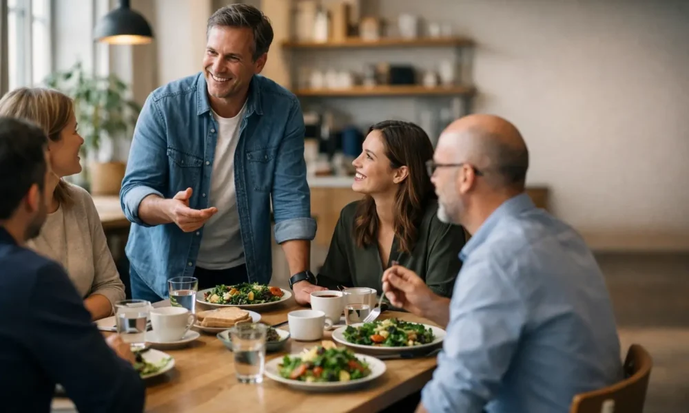 Small team sharing lunch in a modern office café