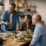 Small team sharing lunch in a modern office café